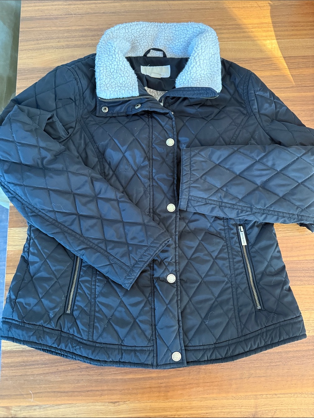 Michael Kors Womens Quilted Jacket Black Sherpa Trim Lined Pockets Zip L Classic
